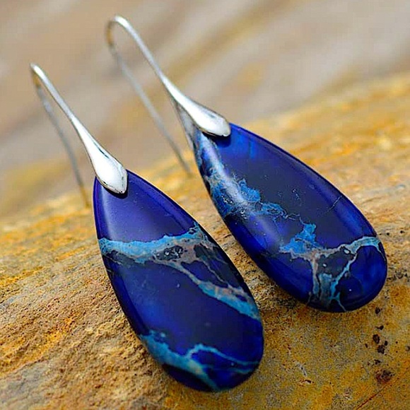 Blue Jasper Stone Tear Drop Earrings Boho - Picture 2 of 4